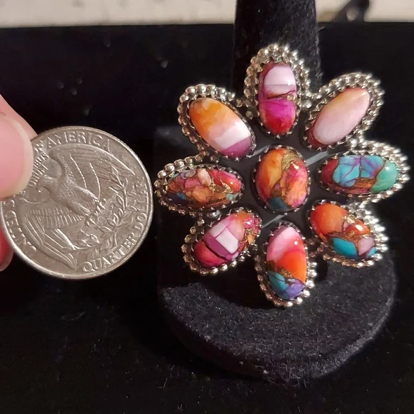 New Sterling Silver Large Flower Adjustable Ring in Pink Spiny Turquiose Dalia - Picture 6 of 8